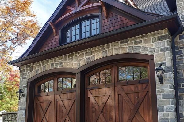 Trendy garage doors on a dual-port configuration in a large, traditional home.