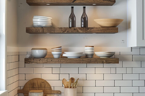 Small kitchen floating shelves in a corner