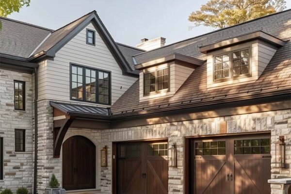 Two trendy garage doors on a modern vinyl and stone house
