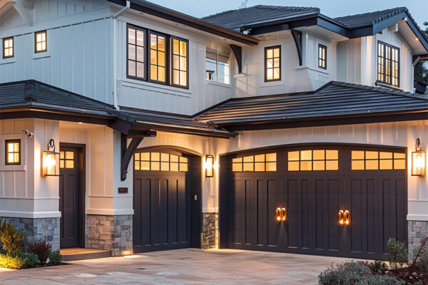 An intricate garage with trendy doors on a mansion