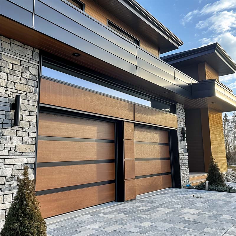 Trendy garage doors with earth tone colors on a modern home