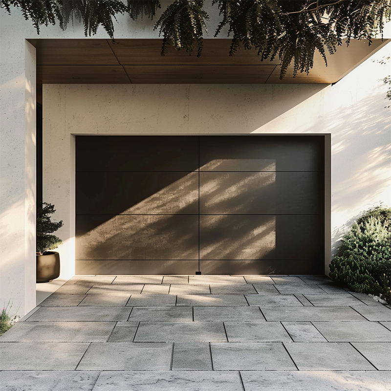 Trendy minimalist garage door on a modern home