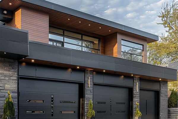 Trendy three-port glass and vinyl garage doors on a modern home