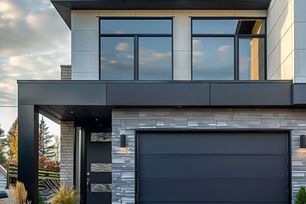 A trendy minimalist garage door on a modern home
