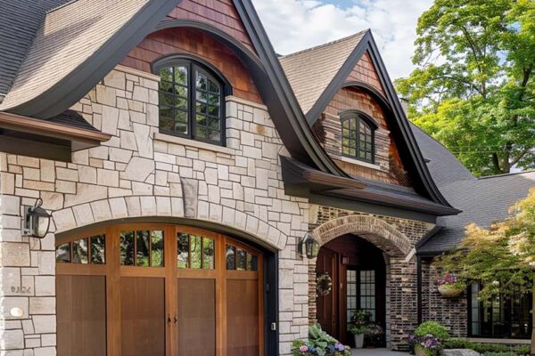 A large wooden trendy garage door on a large traditional home.