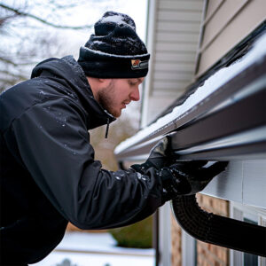 A man installing gutters during winter