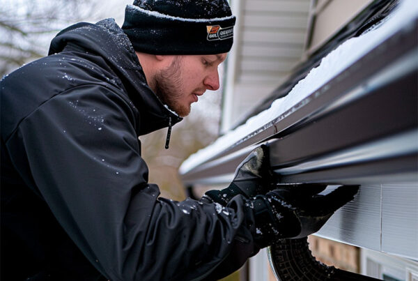 A man installing gutters during winter